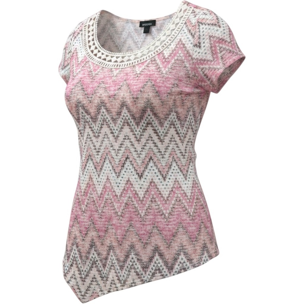 B-Design Womens Pink Chevron Zigzag Crochet Lace Neck Asymmetrical Top XL
